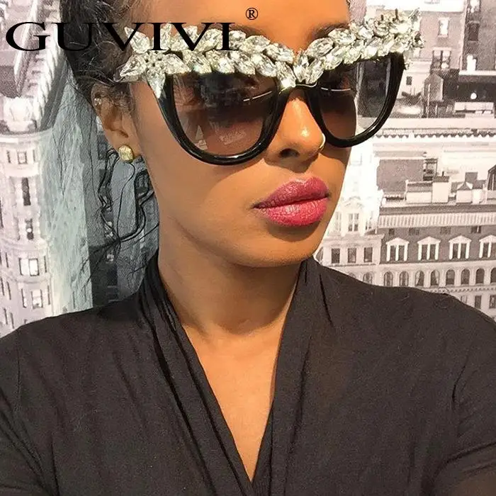 

GUVIVI 2017 fashion sunglasses oversize Custom engraved sunglasses mirror rhinestones Cat 3 uv400 sunglasses, Gray;transparent