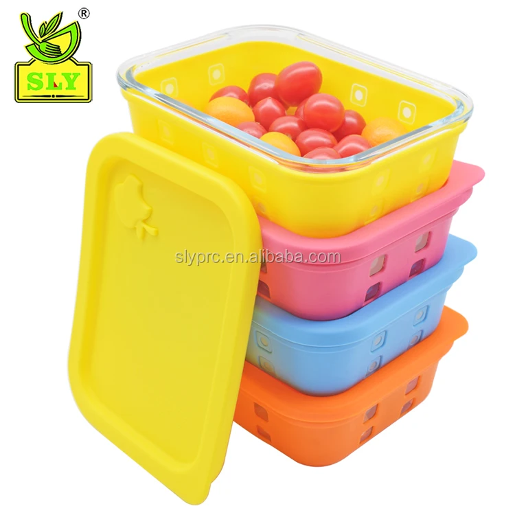 Premium Storage Glass Food Container 4set With Nonslip Silicone Sleeve Glass Food Storage