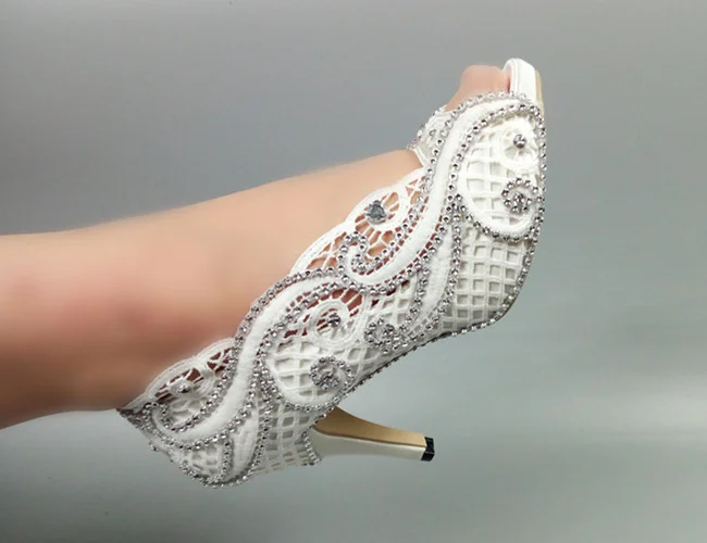 

Morili white color designer peep toe women low high heel rhinestone crystal wedding shoes for brides MWSB22