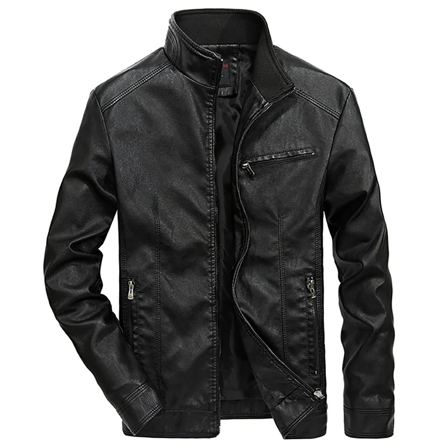 ONTBYB Mens Faux-Leather PU Fleece Motorcycle Zipper Stand Collar Stylish Jackets