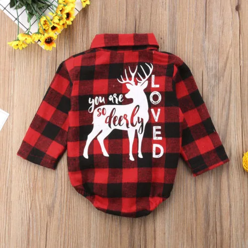

Cartoon Elk Baby Unisex Clothes Christmas Plaid Rompers Newborn Baby clothing