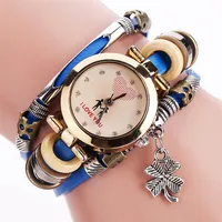 

Wholesale cheap price Fashion Women Casual Leather watches Flower pendant lady delicate Weave Wrap bracelet Watch in Yiwu