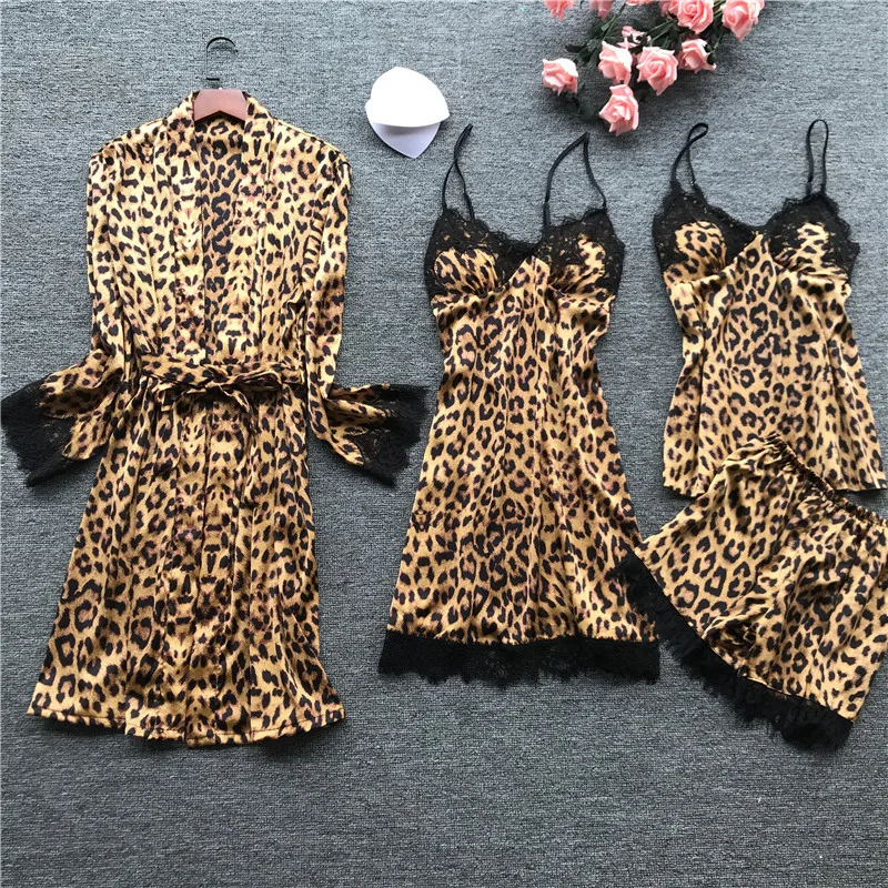 

Sexy Lace Pijamas Women Silk Leopard Pajamas Sets Summer 2019 Satin Pajamas Female Pyjama Sleepwear Nightwear Chest Pads