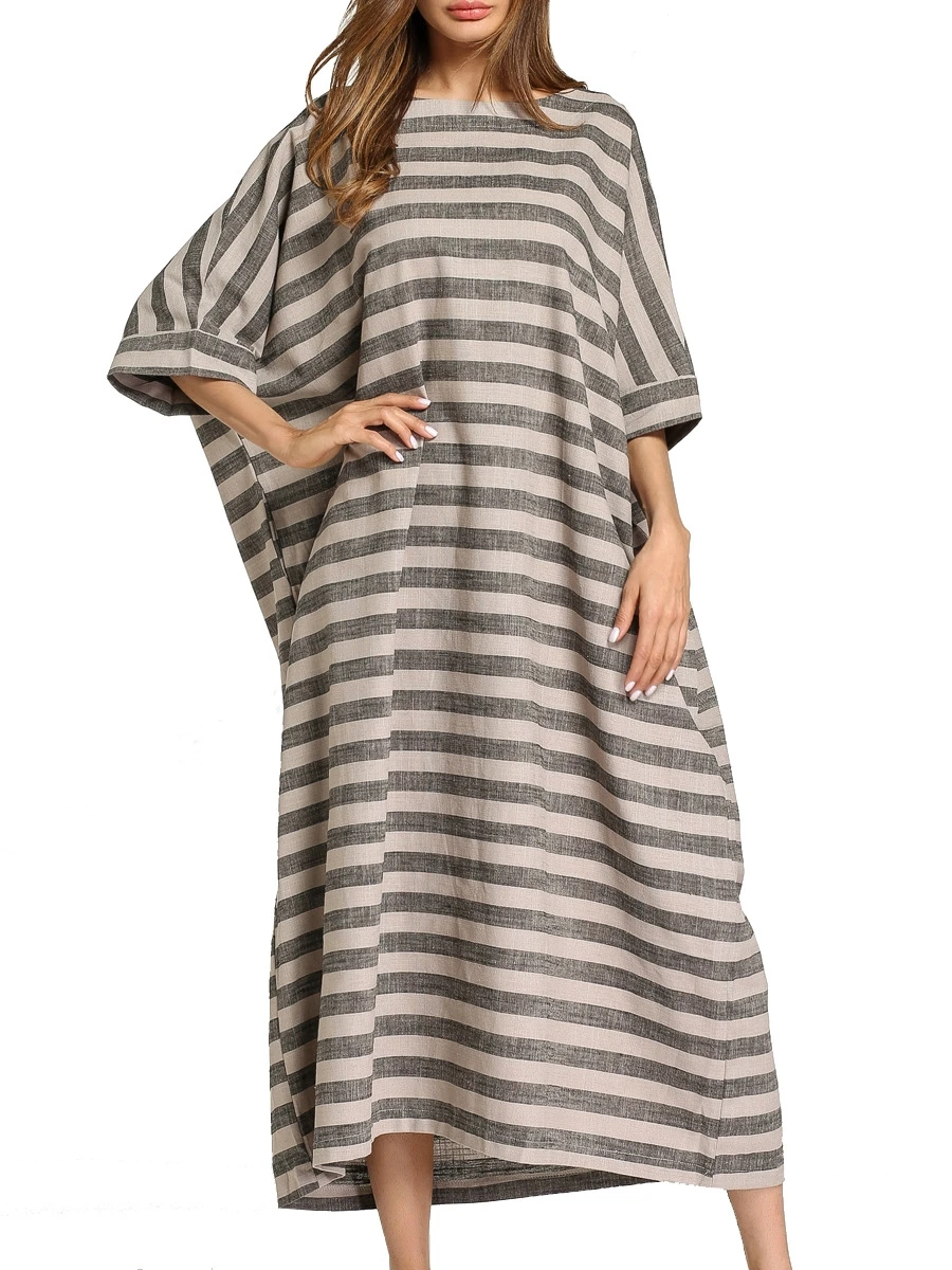 A3449 Women Casual Linen Cotton Casual Dress Vintage Striped Half ...