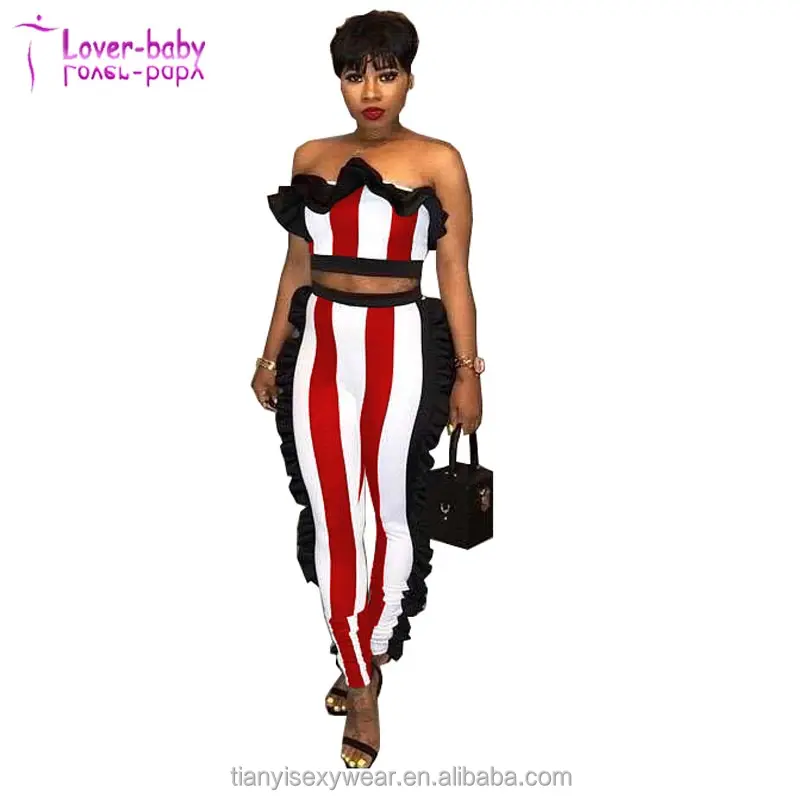 

Nifty Bateau Neck Ruffle Design Stripe Two Piece Pants Set For Club, N/a