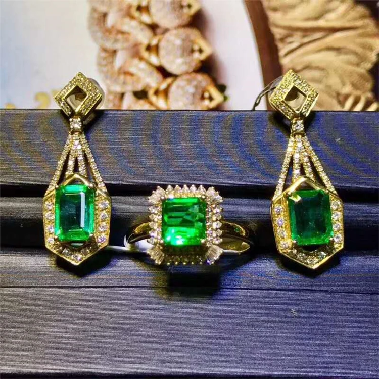 

gemstone sets 18k gold South Africa real diamond natural emerald luxury earrings/ring jewelry sets for women