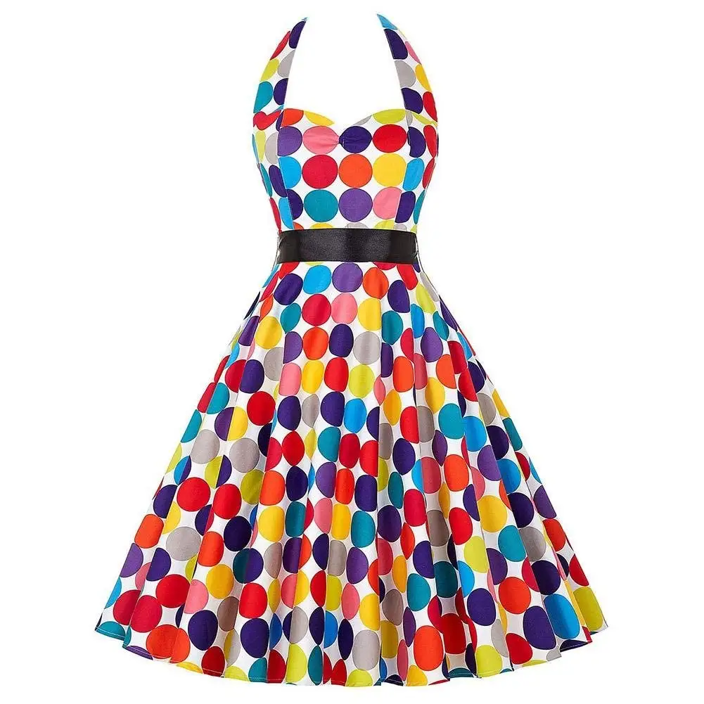 SEHNGRUHUA Shengruhua Women's Vintage 1950s Halter Color Polka Dot Print Sleeveless Evening Cocktail Party Swing Dress