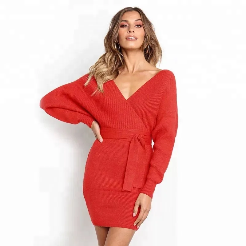 

Women's Bright Colour Long Sleeve Sexy Deep V neck Open Back Slim Bodycon Knit Sweater Dress