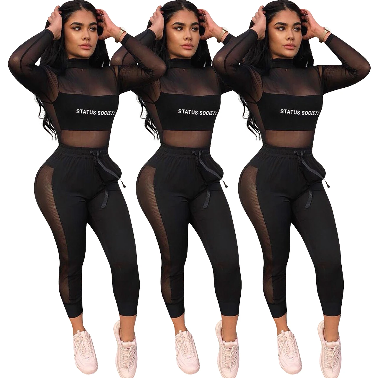 women's sexy black mesh transparent two piece set Y1019