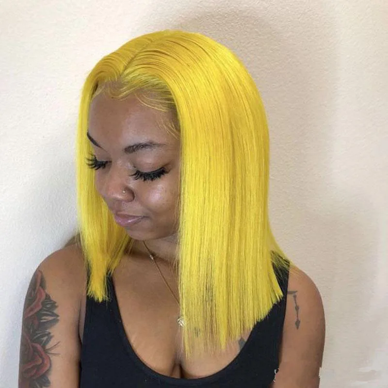 

yellow,hot pink human hair 13*4inch front lace wigs