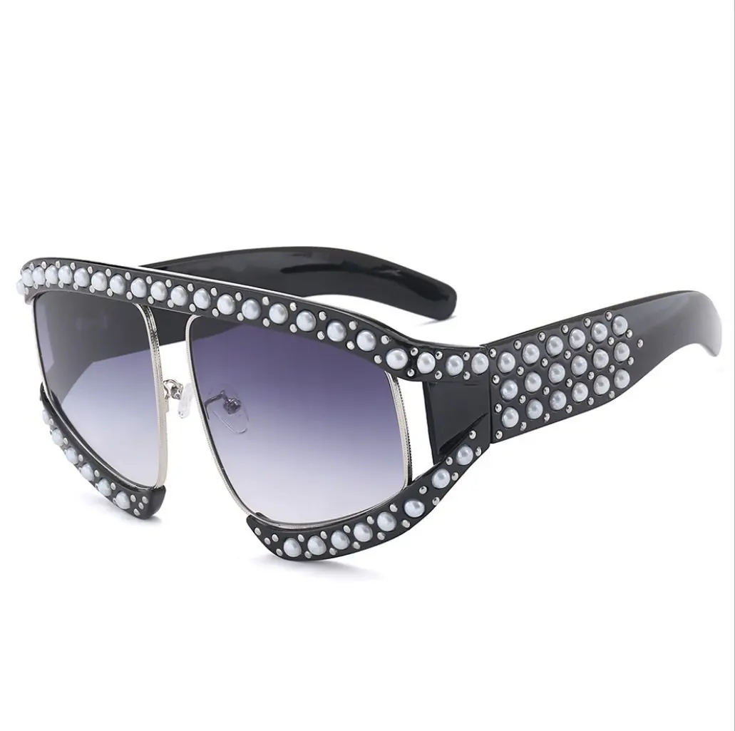 CUIYAN New sunglasses Europe and America diamond pearl sunglasses fashion sunglasses (Color : Blue)