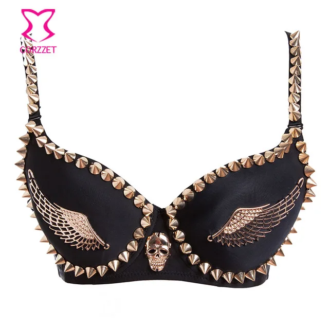 

Corzzet Exotic Lingerie Black Gold Studded Rivet & Wings Underwear Bra Adult Women Clubwear, Red black