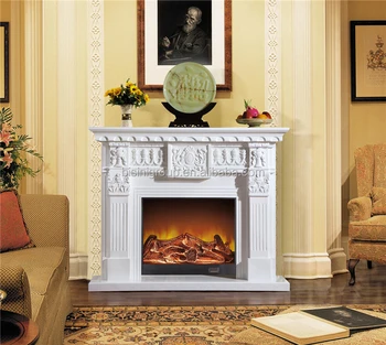 Antique Wood Carved Corner Electric Fireplace With Resin Log And