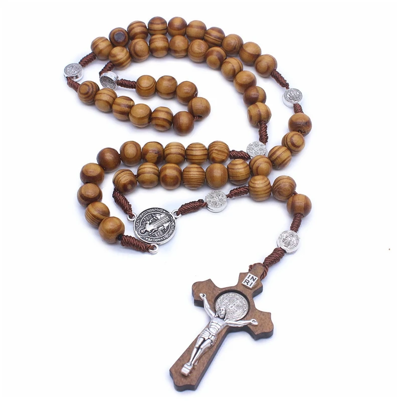 

Handmade Religious Catholic Wood Bead Necklace With Cross Pendant Personalized Rosary Necklace, Wood color