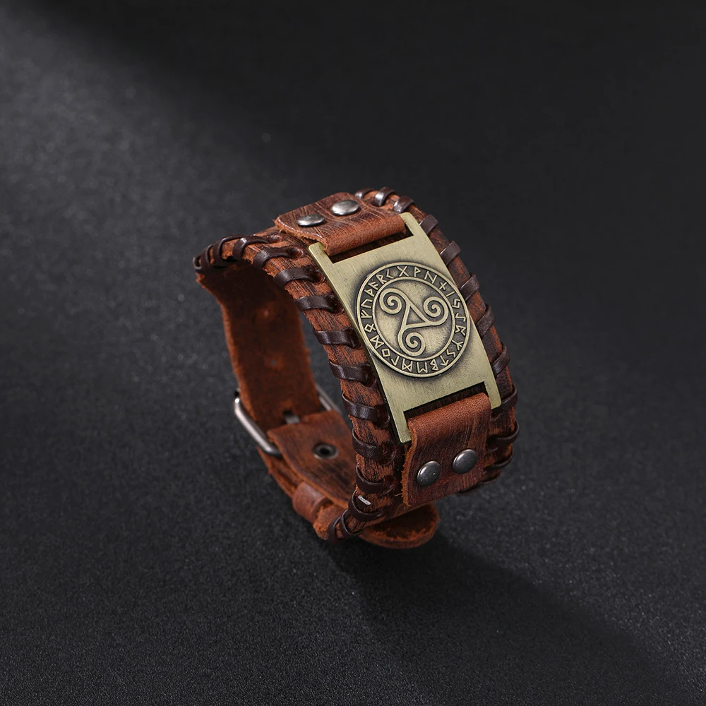 

2019 New Fashion Wide Leather Talisman Amulet Jewelry Wristband Bangle Mantra Snap Viking Bracelet