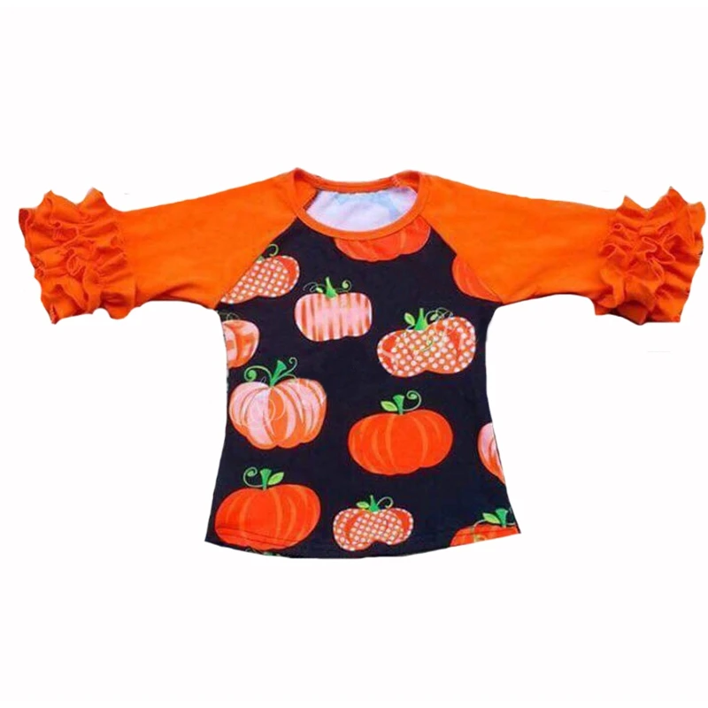 

Boutique Autumn 3/4 sleeve top Pumpkin pattern ruffle raglan t-shirts milk silk Thanksgiving Day baby girl shirts, Pic