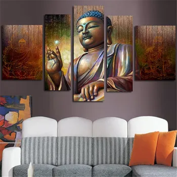 Printed Digital Buddha Oil Painting 5 Panels Dropship Canvas Wall