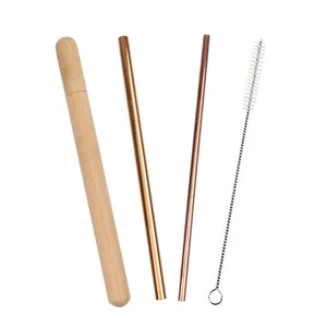 Image of wholesale rose glod eco friendly metal stainless steel reusable straws with case