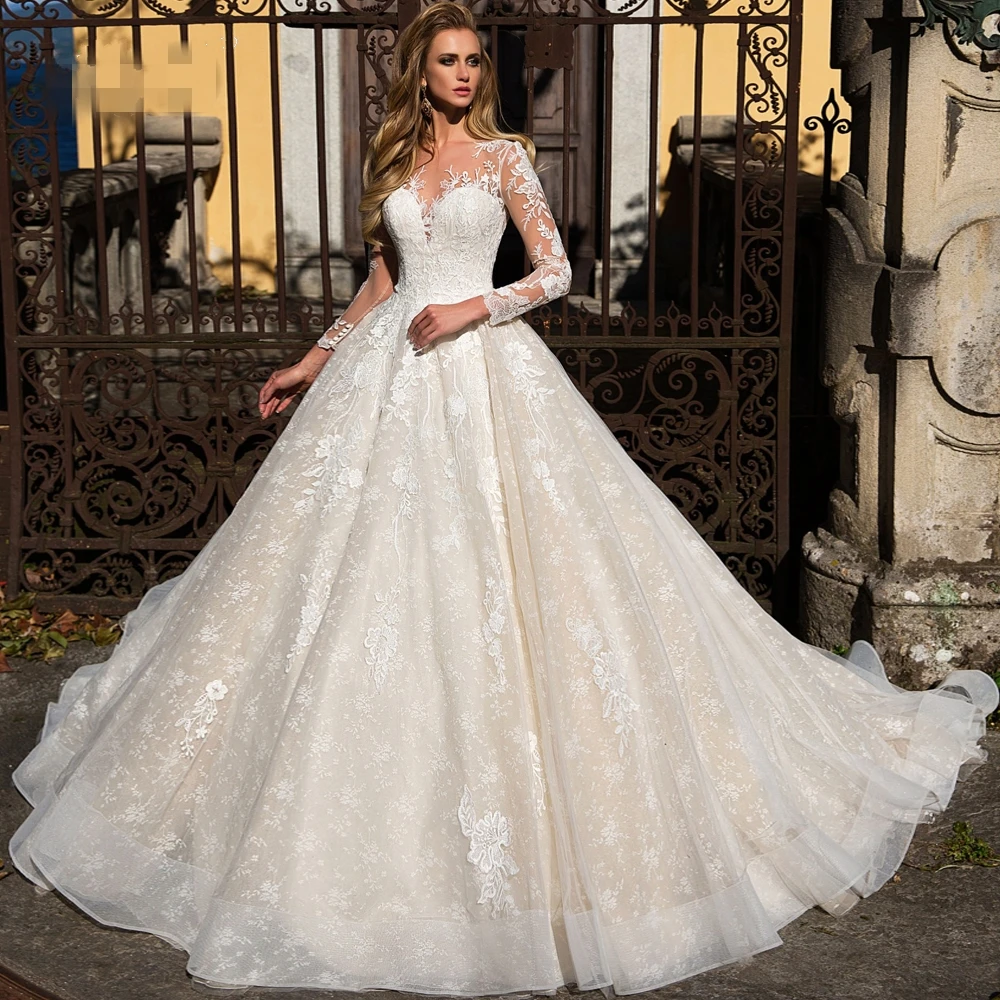 

Sexy Illusion Lace Wedding Dresses 2019 Elegant Long Sleeve wedding dress bridal gown, Custom made