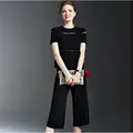2 piece set women black knitting suits hollow out short sleeve t shirt cropped tops and