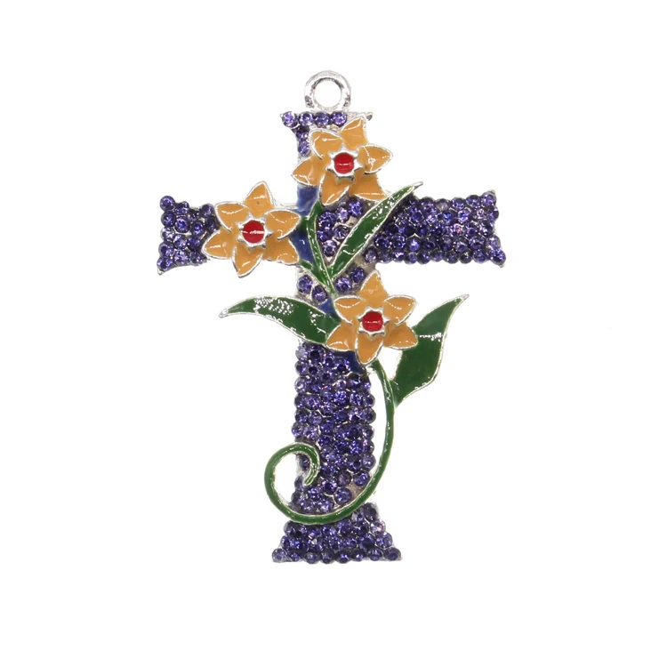 

Cross Shape Rhinestone Pendant Necklace Purple Crystal With Flower Charms, Picture