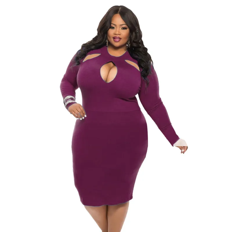 

2018 African Fashion fat women long sleeves hot party sexy midi big size hollow cut cheap club dress, N/a