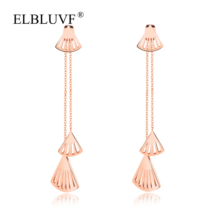 

ELBLUVF`Stainless Steel Hollow Fan-shaped Pendant Long Earrings Tassel Dangle Earrings Jewelry For Girls/Ladies/Women, Rose gold