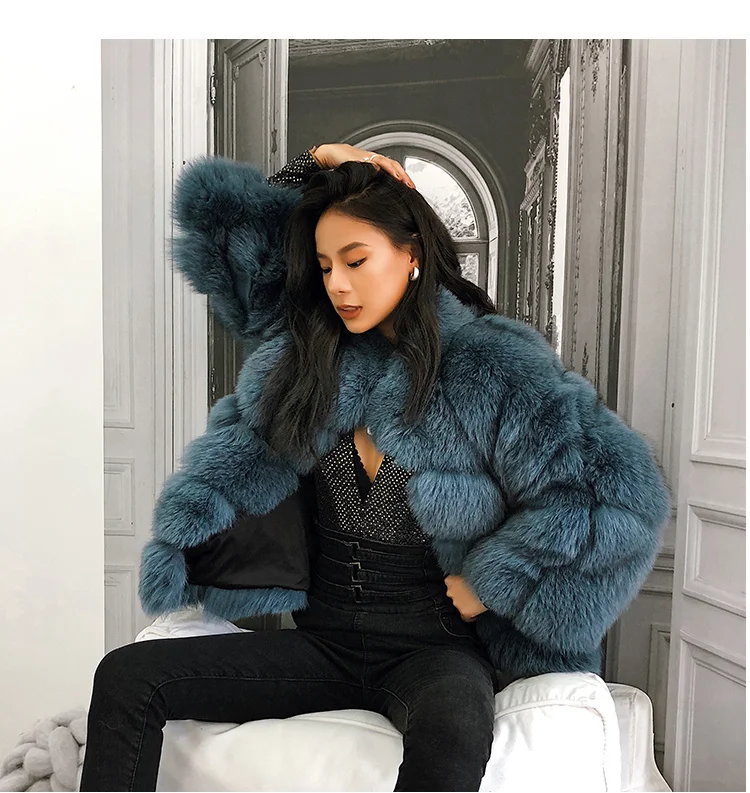 

Blue Green Lady Girl Women Real Fox Fur Jacket, Fur coat modern contrast color