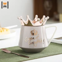

300ml Nordic Style Grey Ceramic Lovely Big Belly Cup Porcelain Coffee Mug with Elegant Crown Cover