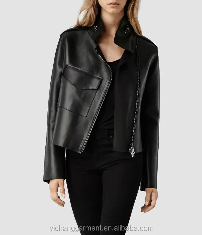 

Women leather jacket with band collar