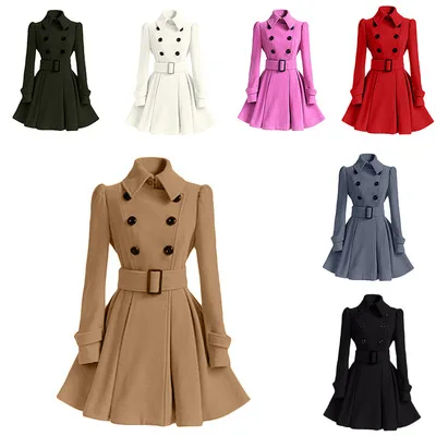 

Women Woolen Windproof Coat Winter Casual Warm Jacket Long Sleeve Overcoat, As shown