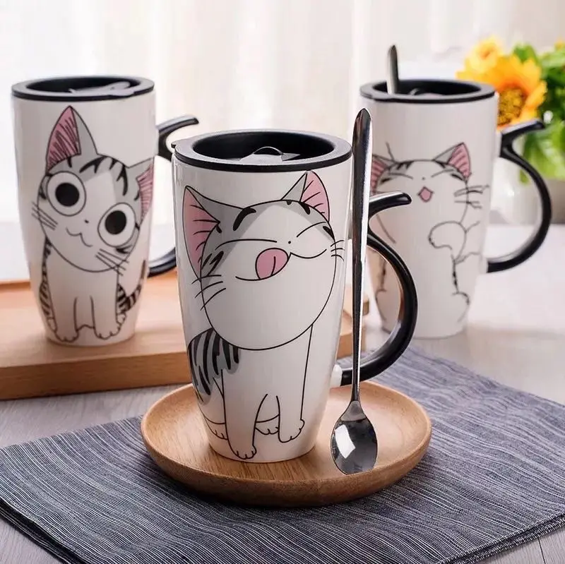 

Drinkware Cartoon 21 oz Mark Cup Cute Cat Ceramic Milk Coffee Mug With PP Slide Lid, 4 pattern for choose