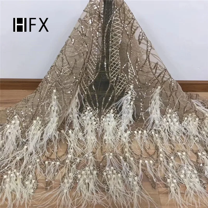 HFX Latest Feather Embroidery Design African Tulle Lace Gold French Party Dress Mesh Sequin Lace Fabric