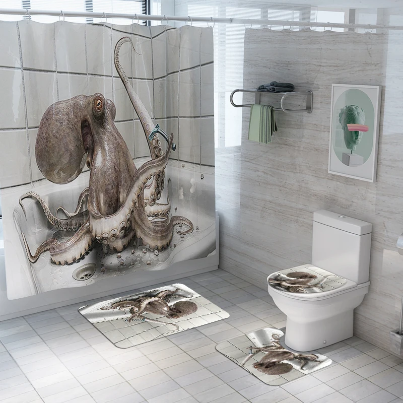 Waterproof Polyester octopus printed Luxury  bathroom rug mat sets  3 pcs Bath Mat Set  1pc Printed Shower Curtain