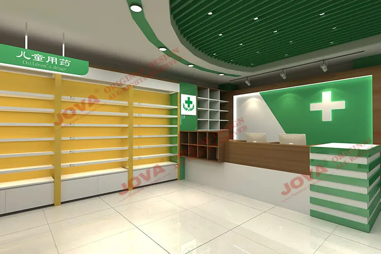 OEMODM Retail Pharmacy Shelves Rack Shop Counter Design for Medical Store Furniture