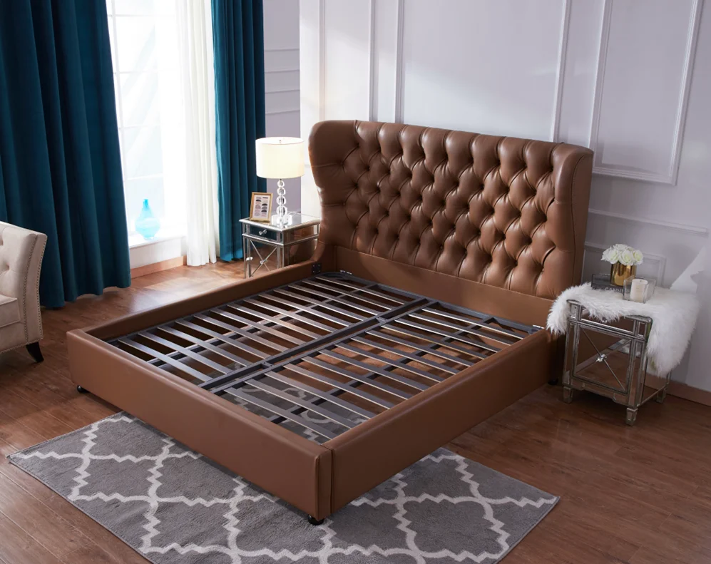 Contemporary Brown Leather Chesterfield Headboard Double King Bed For