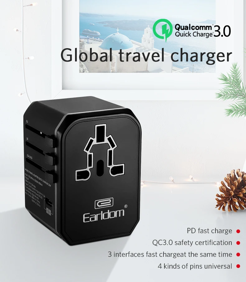 Earldom Universal Travel adapter plug Type C USB quick charger 42W PD adaptor power electrical plug outlet