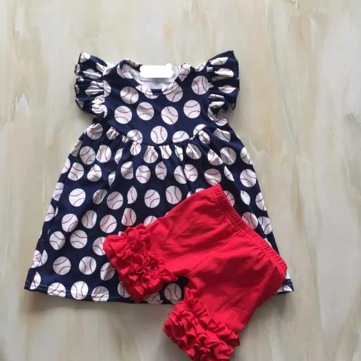 

Children boutique cotton outfit baseball print ruffle sets summer dress shorts boutique baby outfit