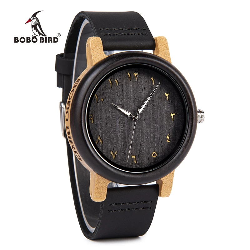 

BOBO BIRD Genuine leather strap wristwatch custom logo wood watches with Arabic numerals