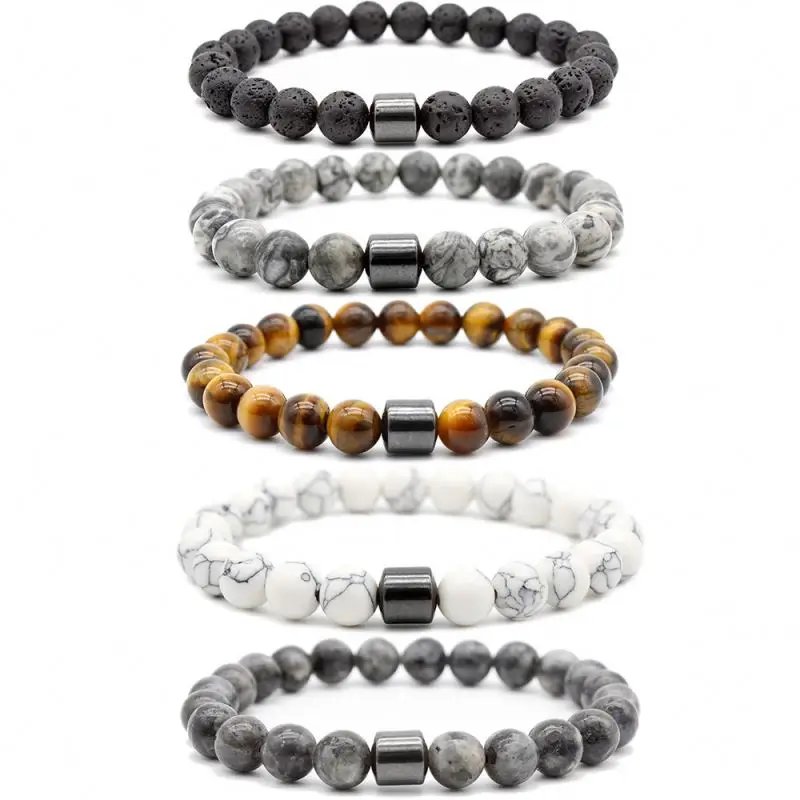 

Hot Selling Wholesale Custom Logo  Magnet Charm Beads Stretch Natural Stone Lava Bead Bracelet For Men, As show