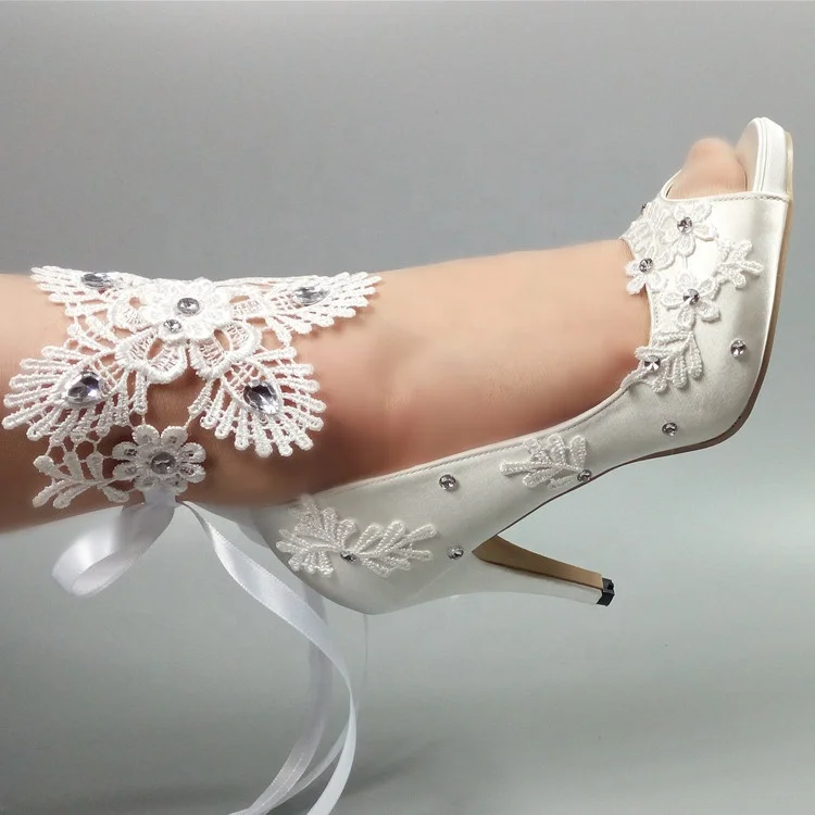 

Hot sale top quality white color satin and lace women high heels bridal wedding shoes MWSB1