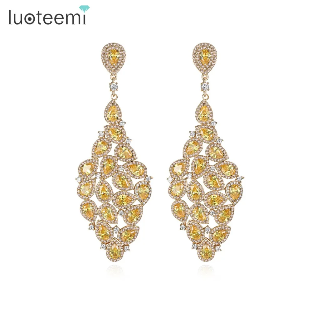 

LUOTEEMI Indian Design Fashion Wedding Jewelry Champagne Gold Color Yellow Teardrop CZ Bridal Large Drop Earrings for Women, N/a