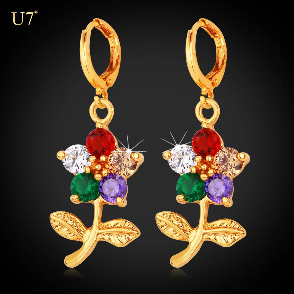 

U7 AAA+ Cubic Zirconia Flower Earrings Fashion Jewelry For Women Party Trendy 18k Gold Plated Colorful Drop Earrings, Gold/platinum color