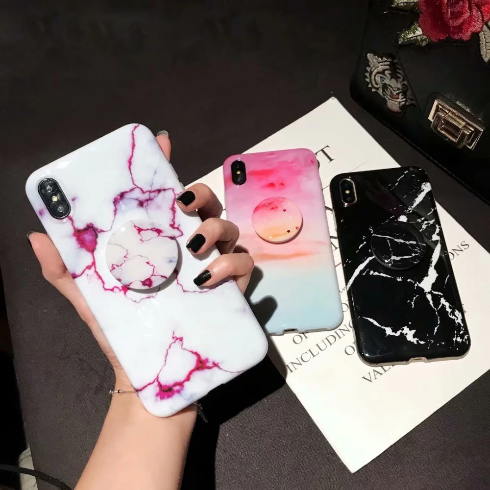 

For iPhone X Covers Laser Marble Phone Case for iPhone 7 7 Plus 6 Xs Max XR 8 Plus Silicone with Grip Holder, Colorful