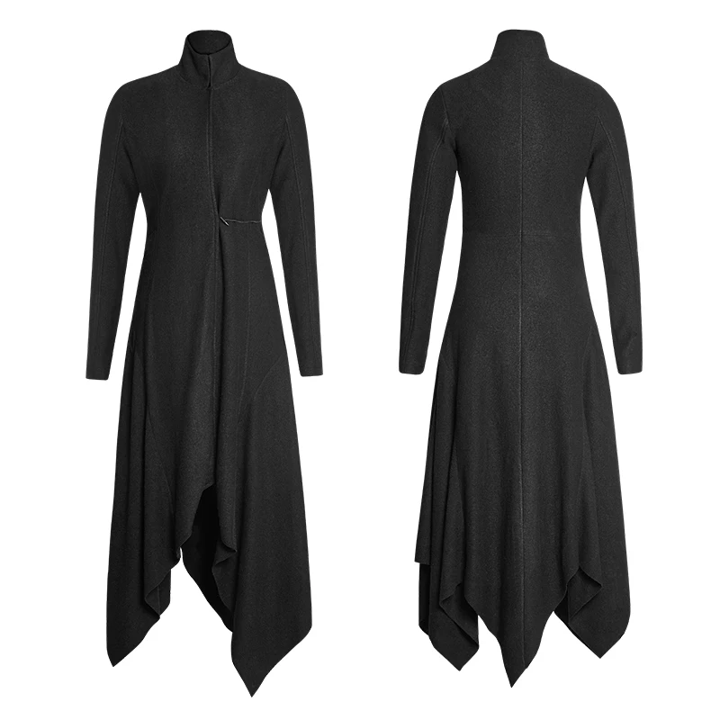 OPY-217 Punk Rave Women's gothic black asymmetrical standing collar long jacket