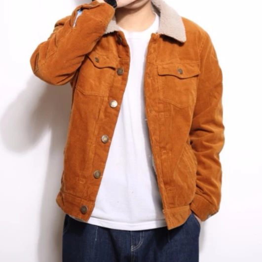 

KY khaki Fleece Lined Cotton corduroy jacket Borg turn down collar Press-stud placket Functional pockets men winter jackets