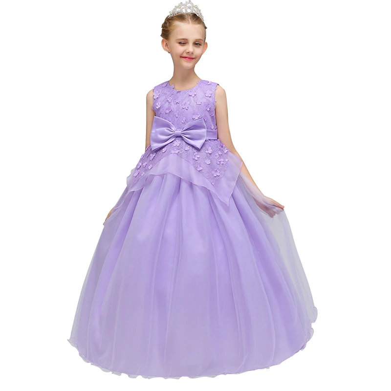 

Elegant Tiered Girls Bridal Long Dress With Bow Appliques Teenage Children Party Dress LP-70, N/a