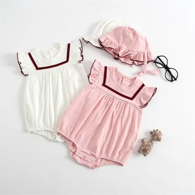 

F10745A Korean style Baby Cute Little Flying Sleeve romper, White/ pink