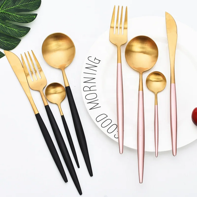 

Hot-sale Portugal Style Flatware Portable an unique 18/10 matte black stainless steel cutlery, Silver/gold/rose gold/black/rainbow/gold blk/silver black etc