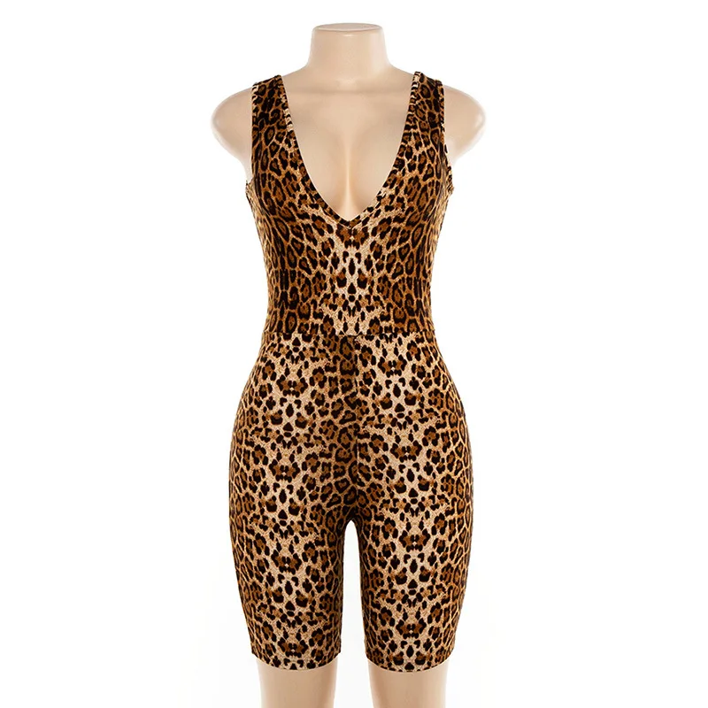 R10045S Women's Sleeveless V-neck  Backless Slim Leopard One-Piece Jumpsuit